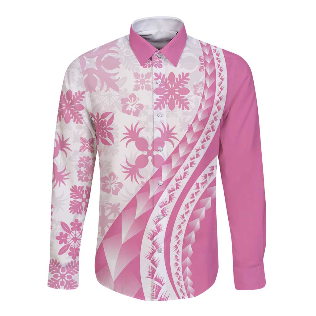 Pink Hawaiian Quilt Pattern Long Sleeve Button Shirt Mixed Polynesian Tribal Arty LT9 Unisex Pink - Polynesian Pride