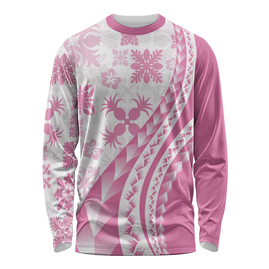 Pink Hawaiian Quilt Pattern Long Sleeve Shirt Mixed Polynesian Tribal Arty LT9 Unisex Pink - Polynesian Pride