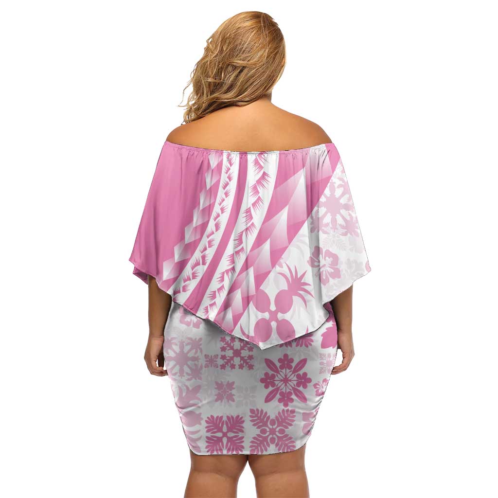 Pink Hawaiian Quilt Pattern Off Shoulder Short Dress Mixed Polynesian Tribal Arty