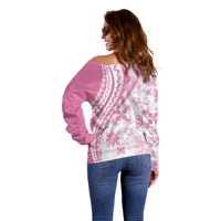 Pink Hawaiian Quilt Pattern Off Shoulder Sweater Mixed Polynesian Tribal Arty