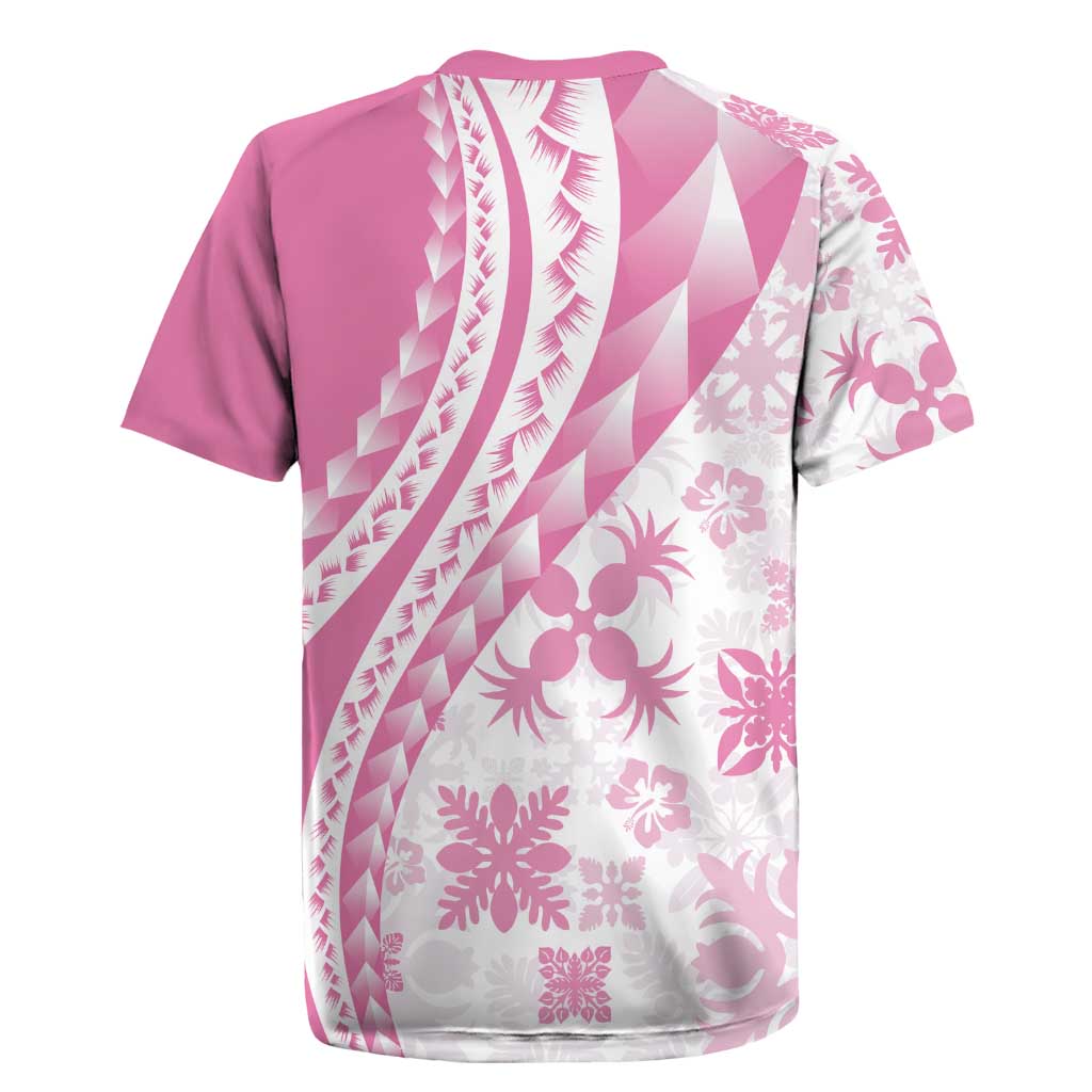 Pink Hawaiian Quilt Pattern Rugby Jersey Mixed Polynesian Tribal Arty