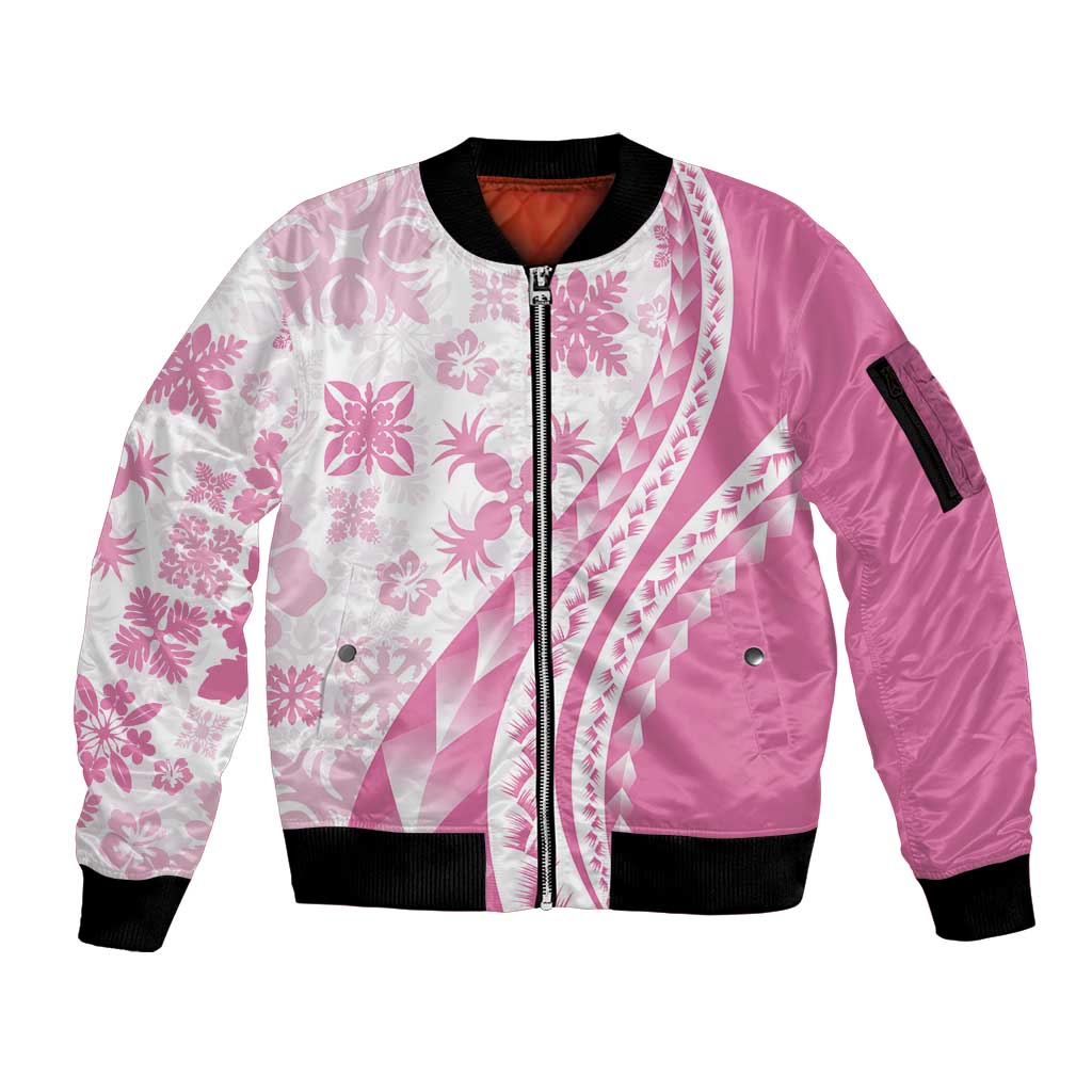 Pink Hawaiian Quilt Pattern Sleeve Zip Bomber Jacket Mixed Polynesian Tribal Arty LT9 Unisex Pink - Polynesian Pride