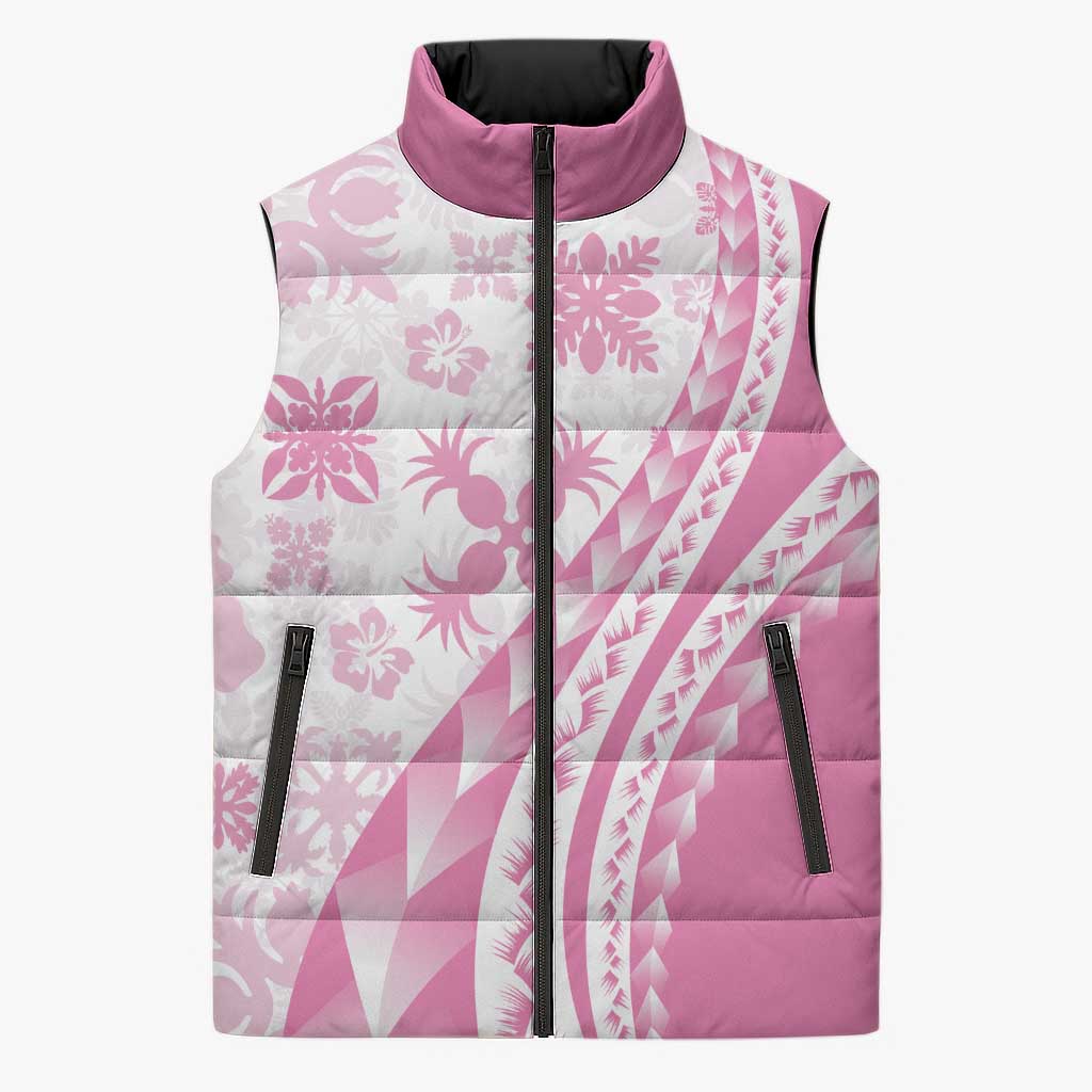 Pink Hawaiian Quilt Pattern Sleeveless Puffer Jacket Mixed Polynesian Tribal Arty - Polynesian Pride