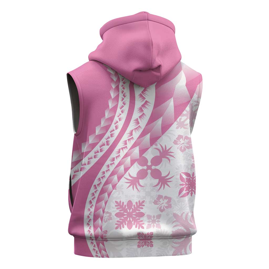 Pink Hawaiian Quilt Pattern Sleeveless Zip Hoodie Mixed Polynesian Tribal Arty - Polynesian Pride