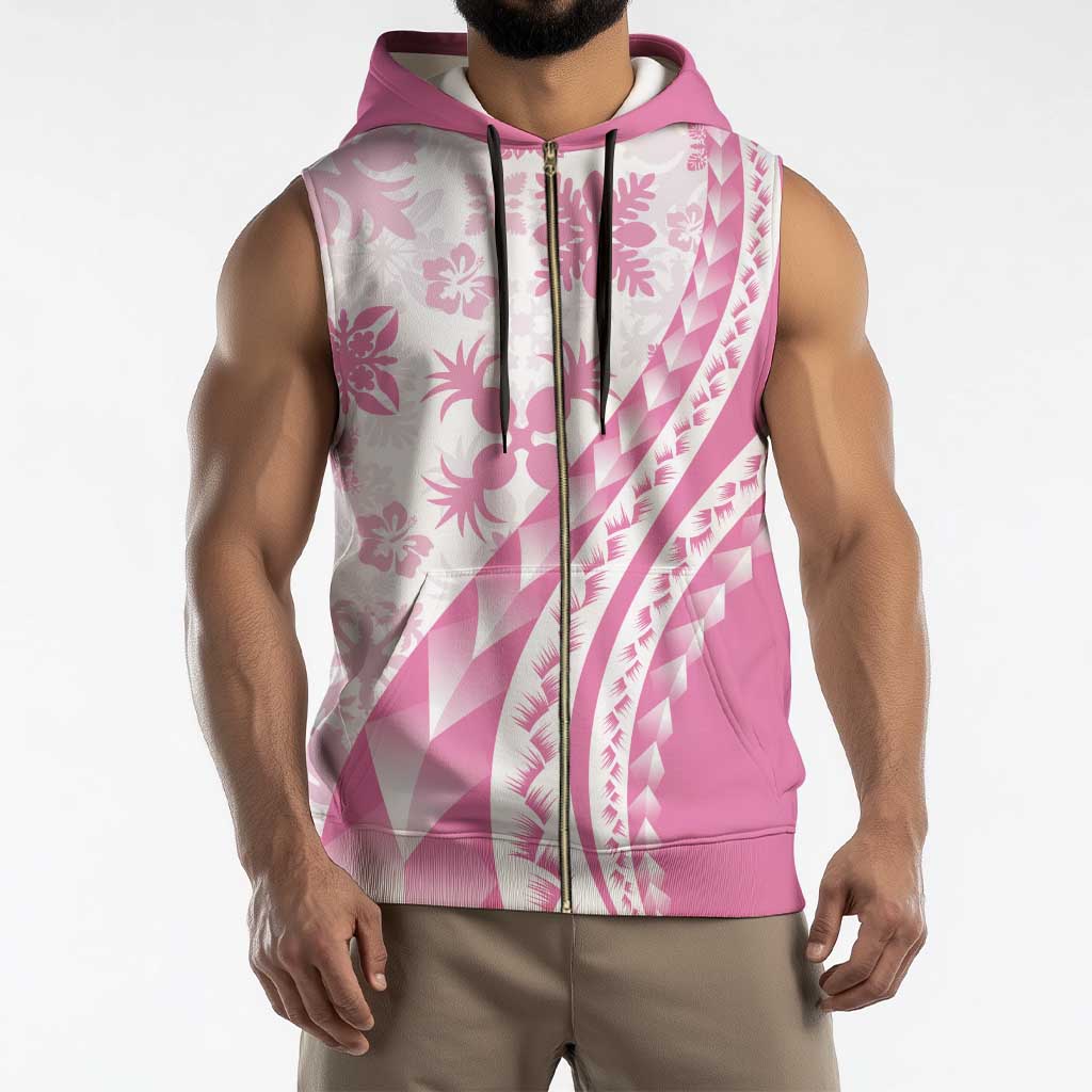 Pink Hawaiian Quilt Pattern Sleeveless Zip Hoodie Mixed Polynesian Tribal Arty - Polynesian Pride