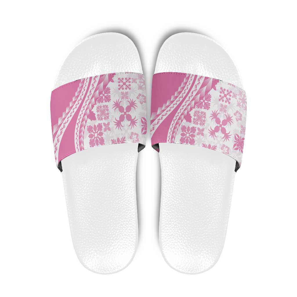 Pink Hawaiian Quilt Pattern Slide Sandals Mixed Polynesian Tribal Arty - Polynesian Pride