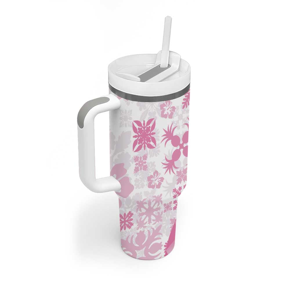 Pink Hawaiian Quilt Pattern Tumbler With Handle Mixed Polynesian Tribal Arty