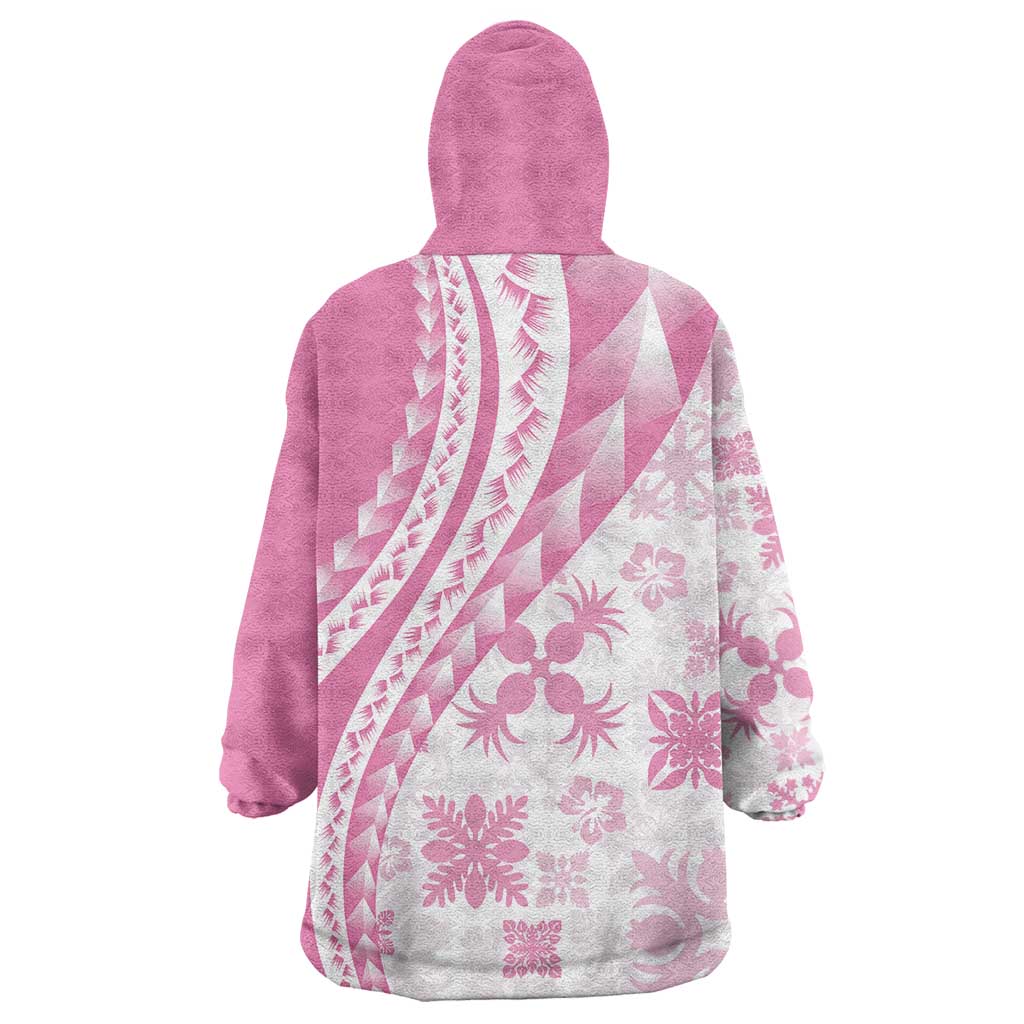 Pink Hawaiian Quilt Pattern Wearable Blanket Hoodie Mixed Polynesian Tribal Arty