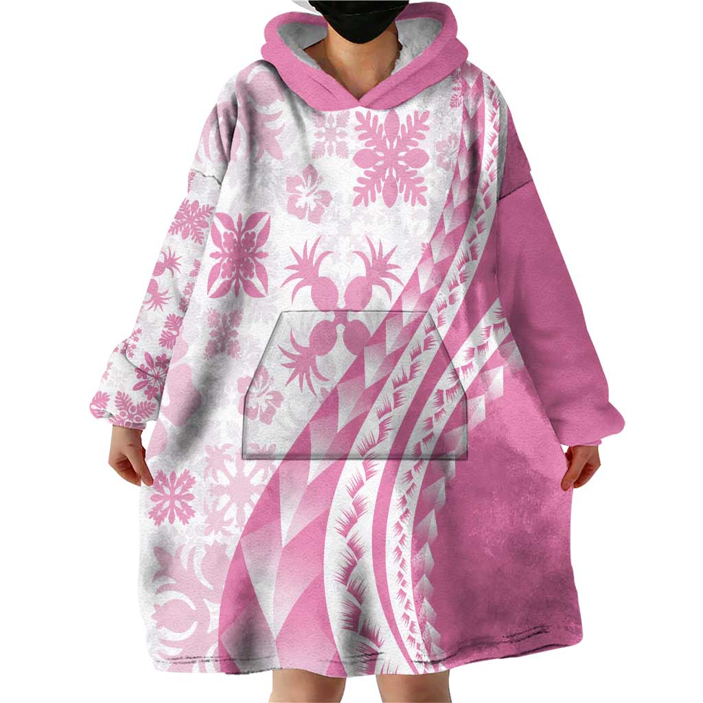 Pink Hawaiian Quilt Pattern Wearable Blanket Hoodie Mixed Polynesian Tribal Arty