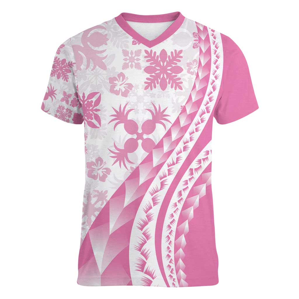 Pink Hawaiian Quilt Pattern Women V-Neck T-Shirt Mixed Polynesian Tribal Arty LT9 Female Pink - Polynesian Pride