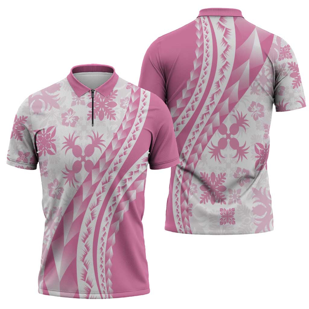 Pink Hawaiian Quilt Pattern Zipper Polo Shirt Mixed Polynesian Tribal Arty - Polynesian Pride