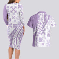 Purple Hawaiian Quilt Pattern Couples Matching Long Sleeve Bodycon Dress and Hawaiian Shirt Mixed Polynesian Tribal Arty LT9 - Polynesian Pride