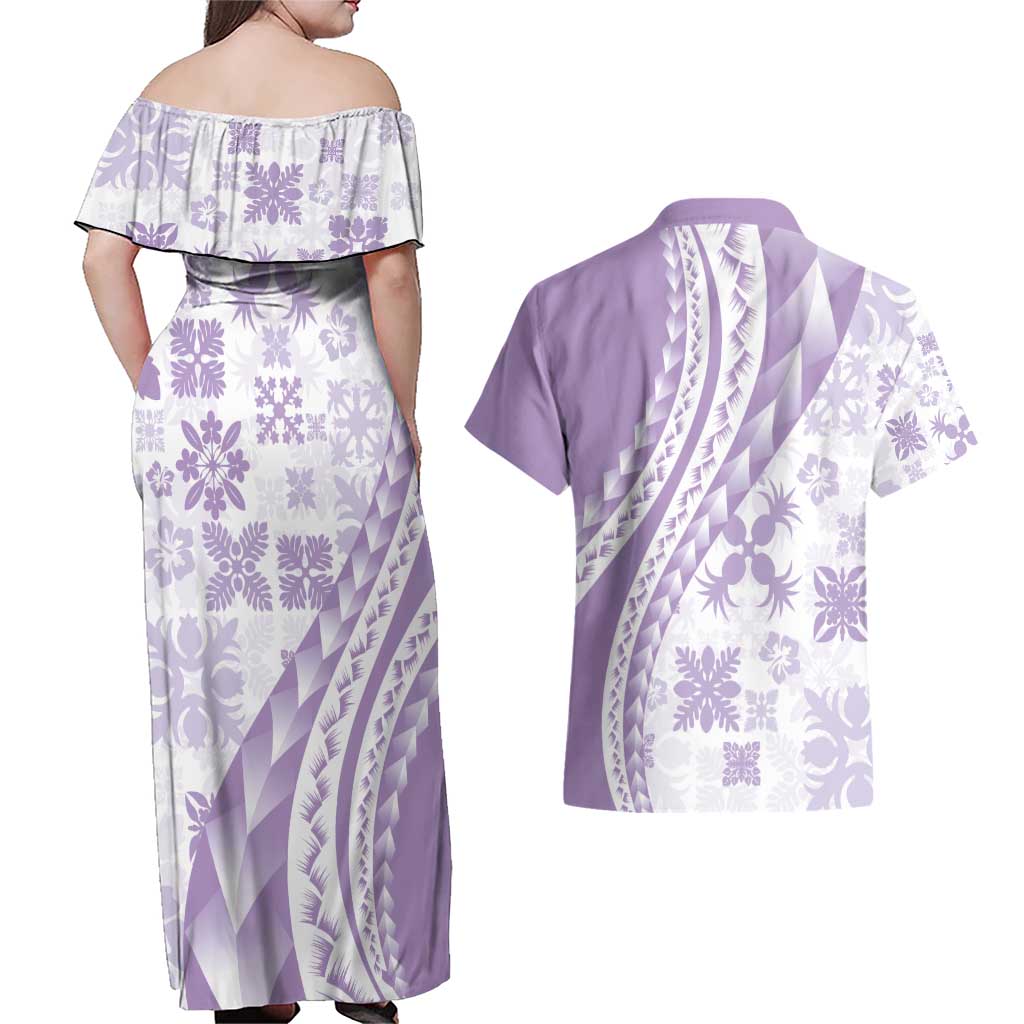 Purple Hawaiian Quilt Pattern Couples Matching Off Shoulder Maxi Dress and Hawaiian Shirt Mixed Polynesian Tribal Arty LT9 - Polynesian Pride