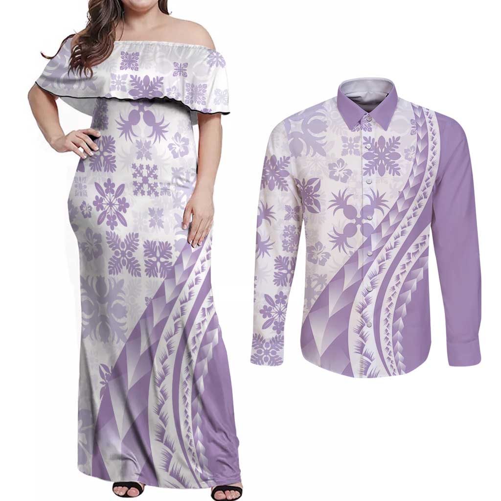 Purple Hawaiian Quilt Pattern Couples Matching Off Shoulder Maxi Dress and Long Sleeve Button Shirt Mixed Polynesian Tribal Arty LT9 Purple - Polynesian Pride