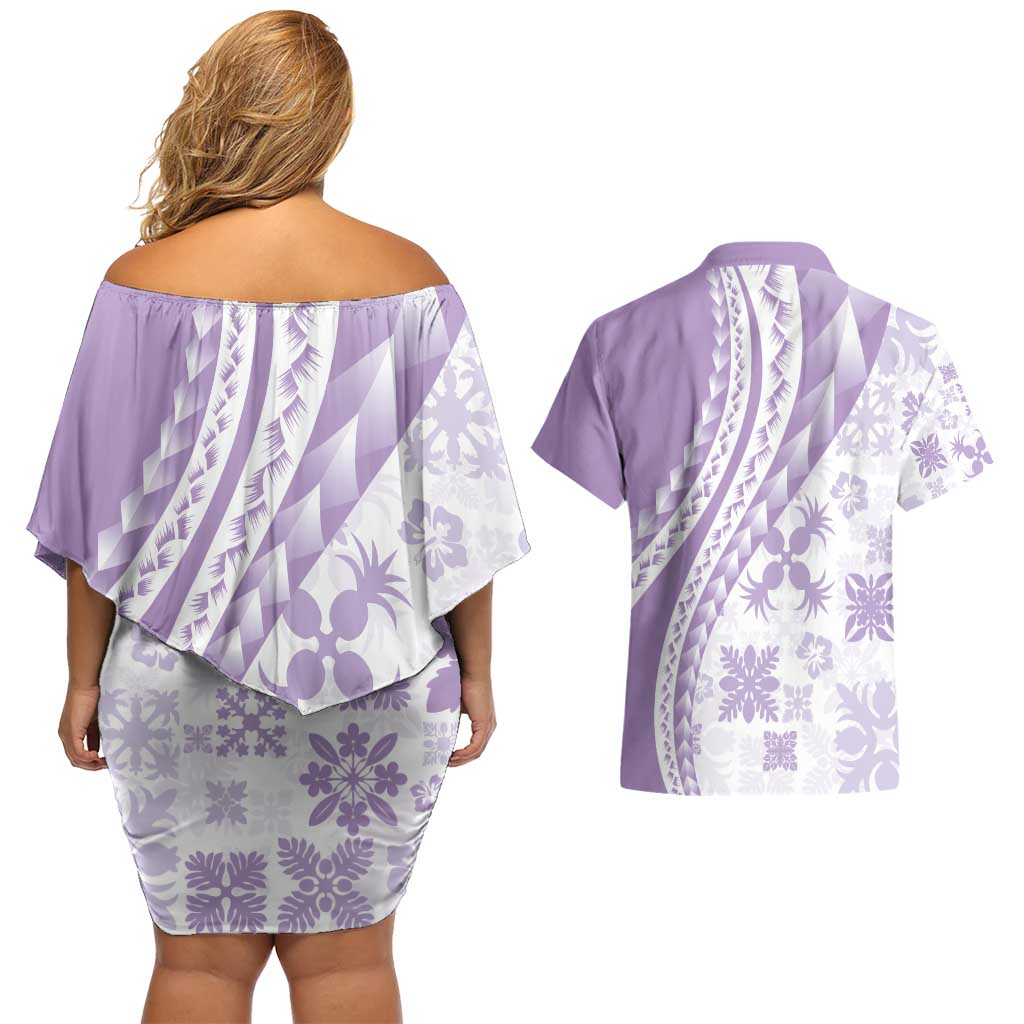 Purple Hawaiian Quilt Pattern Couples Matching Off Shoulder Short Dress and Hawaiian Shirt Mixed Polynesian Tribal Arty LT9 - Polynesian Pride