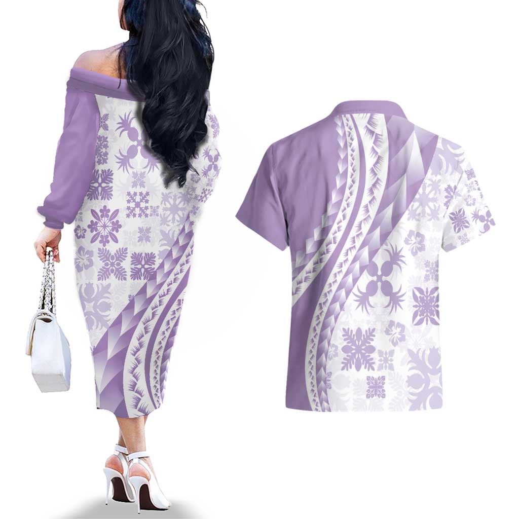 Purple Hawaiian Quilt Pattern Couples Matching Off The Shoulder Long Sleeve Dress and Hawaiian Shirt Mixed Polynesian Tribal Arty LT9 - Polynesian Pride