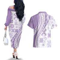 Purple Hawaiian Quilt Pattern Couples Matching Off The Shoulder Long Sleeve Dress and Hawaiian Shirt Mixed Polynesian Tribal Arty LT9 - Polynesian Pride