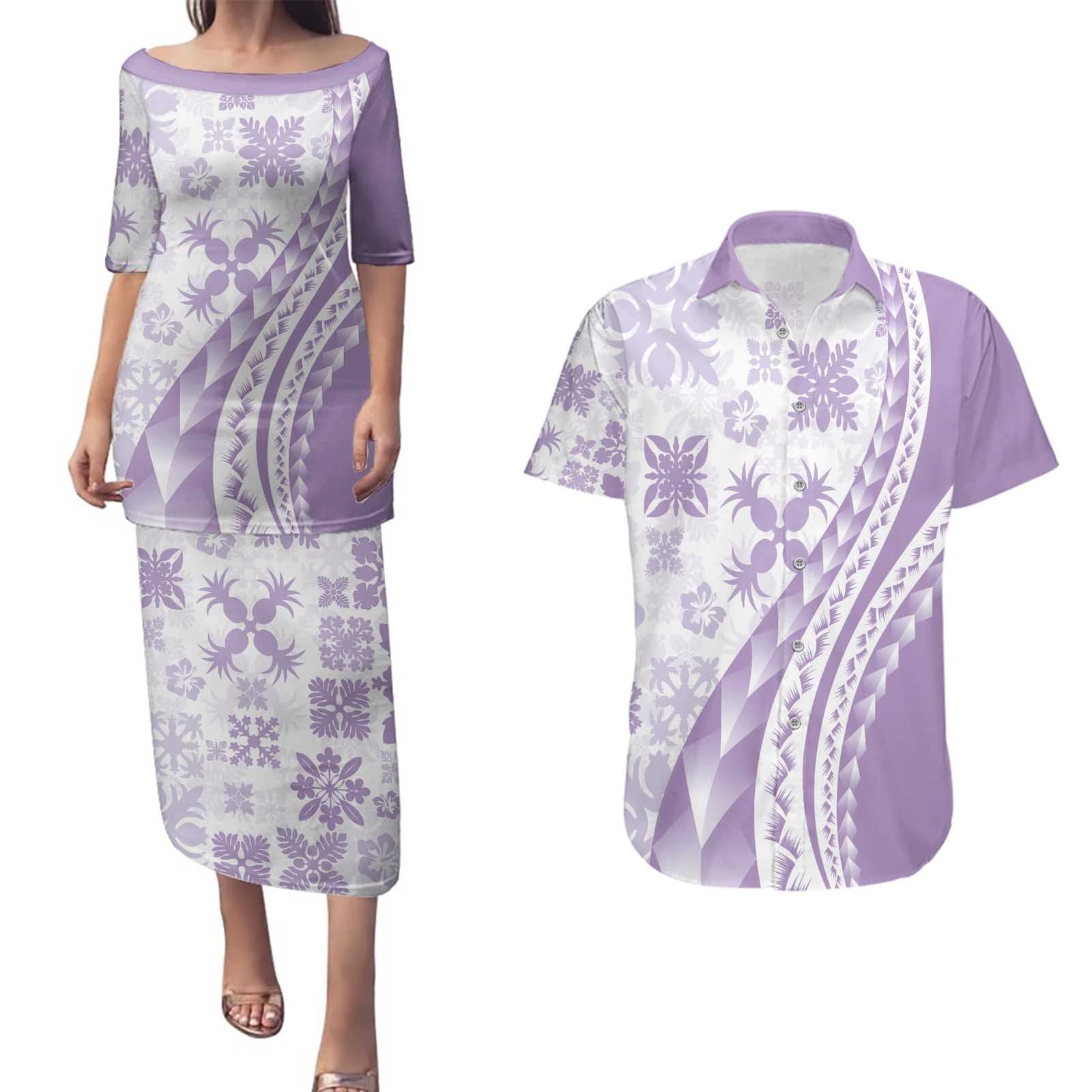 Purple Hawaiian Quilt Pattern Couples Matching Puletasi and Hawaiian Shirt Mixed Polynesian Tribal Arty LT9 Purple - Polynesian Pride
