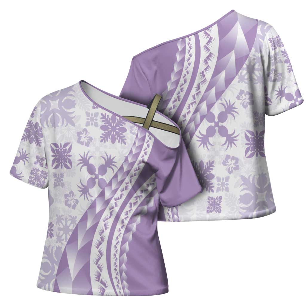 Purple Hawaiian Quilt Pattern Cross Shoulder Shirt Mixed Polynesian Tribal Arty - Polynesian Pride