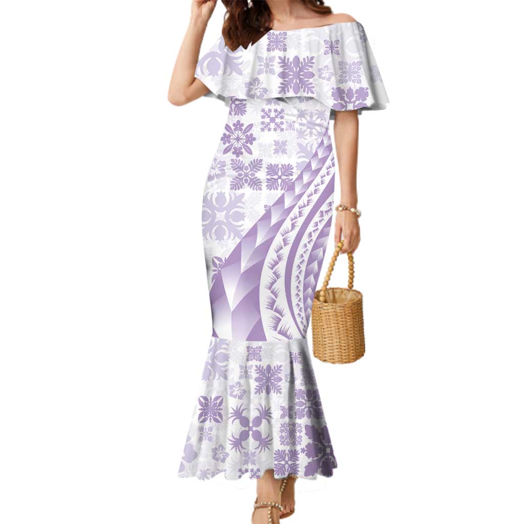 Purple Hawaiian Quilt Pattern Family Matching Mermaid Dress and Hawaiian Shirt Mixed Polynesian Tribal Arty