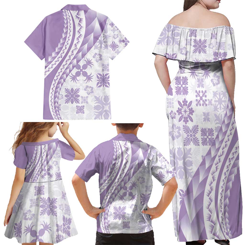 Purple Hawaiian Quilt Pattern Family Matching Off Shoulder Maxi Dress and Hawaiian Shirt Mixed Polynesian Tribal Arty