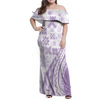 Purple Hawaiian Quilt Pattern Family Matching Off Shoulder Maxi Dress and Hawaiian Shirt Mixed Polynesian Tribal Arty