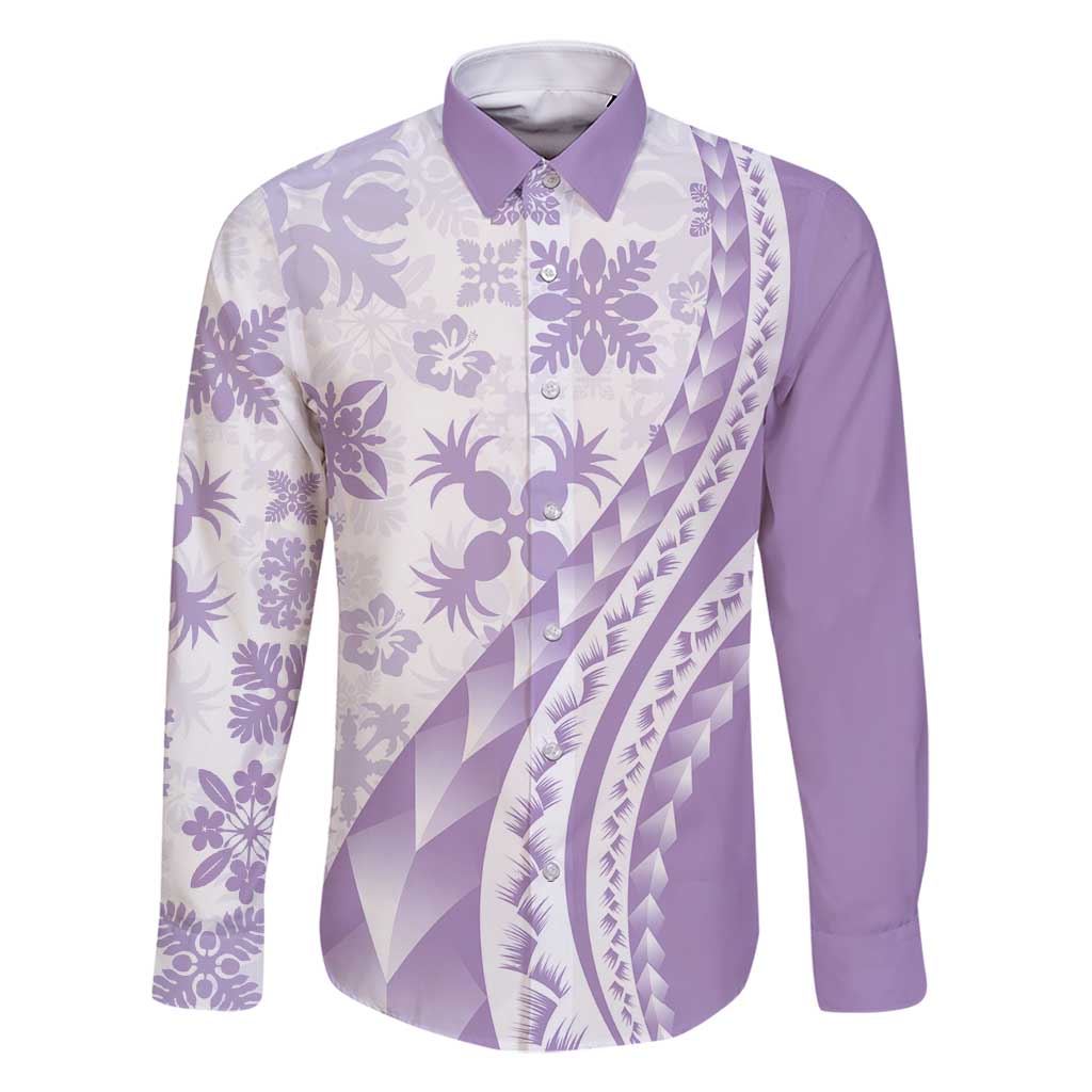Purple Hawaiian Quilt Pattern Family Matching Summer Maxi Dress and Hawaiian Shirt Mixed Polynesian Tribal Arty LT9 Dad's Shirt - Long Sleeve Purple - Polynesian Pride