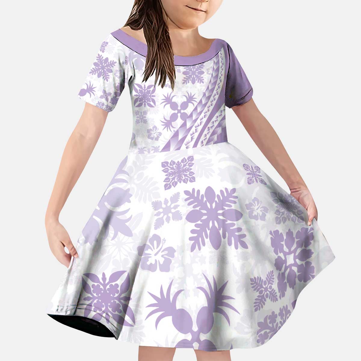 Purple Hawaiian Quilt Pattern Kid Short Sleeve Dress Mixed Polynesian Tribal Arty