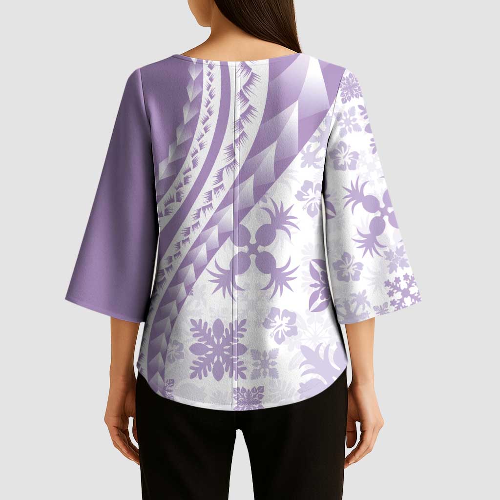 Purple Hawaiian Quilt Pattern Kimono Sleeve Blouse Mixed Polynesian Tribal Arty - Polynesian Pride