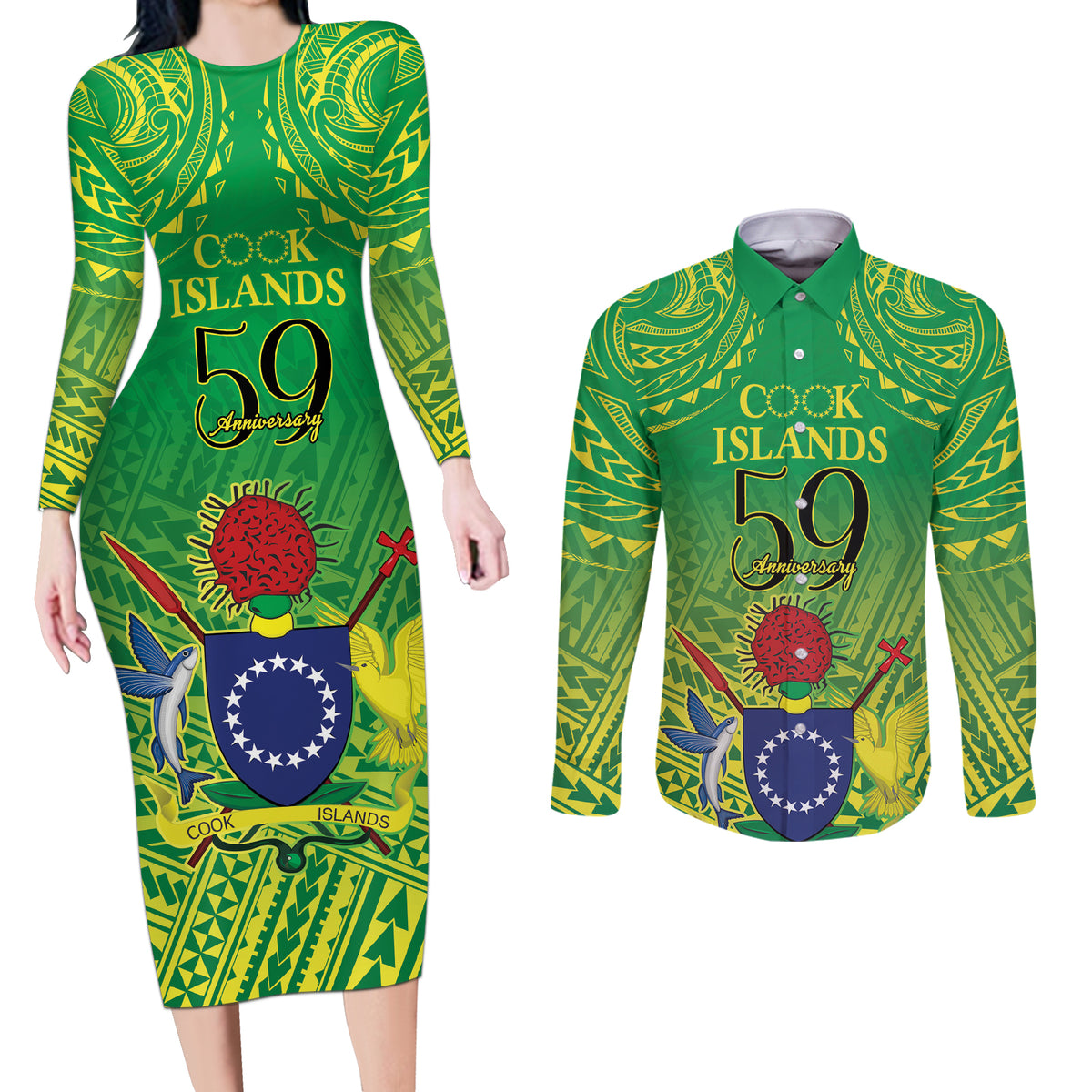 Cook Islands Constitution Day Couples Matching Long Sleeve Bodycon Dress and Long Sleeve Button Shirt Kuki Airani Since 1965 LT9 Green - Polynesian Pride