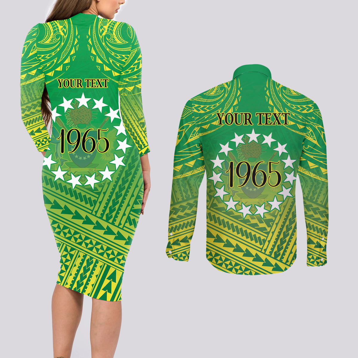 Cook Islands Constitution Day Couples Matching Long Sleeve Bodycon Dress and Long Sleeve Button Shirt Kuki Airani Since 1965 LT9 - Polynesian Pride