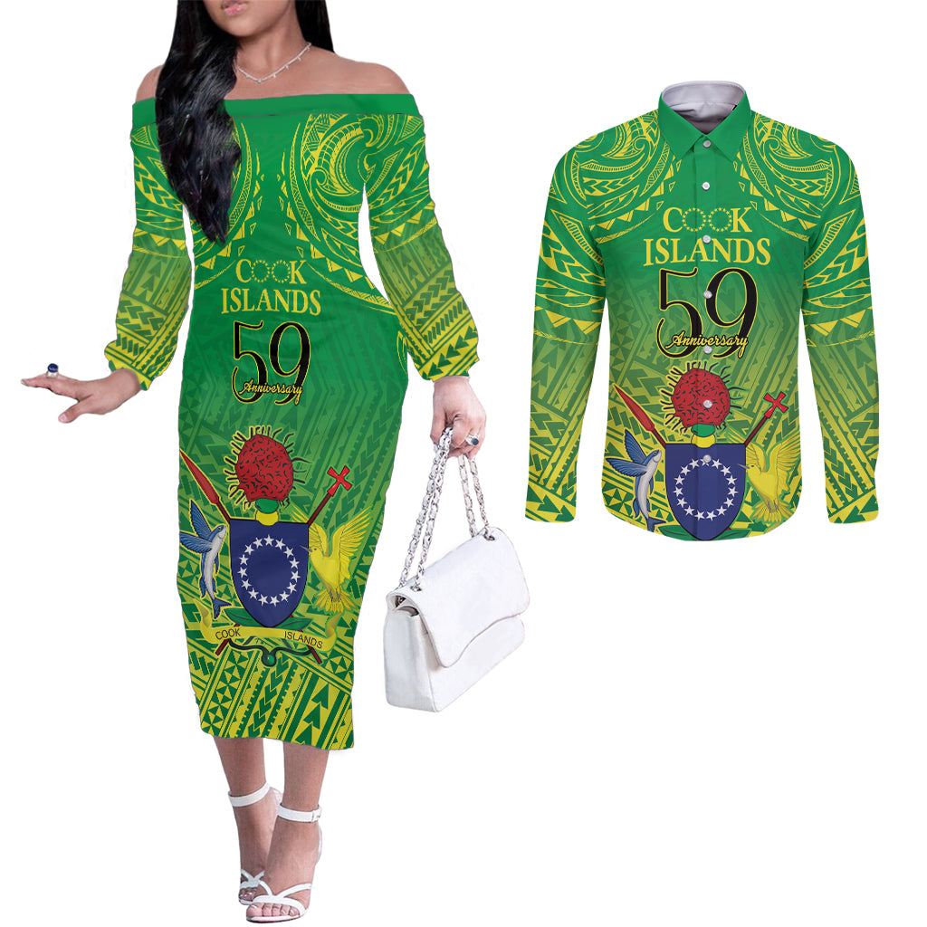 Cook Islands Constitution Day Couples Matching Off The Shoulder Long Sleeve Dress and Long Sleeve Button Shirt Kuki Airani Since 1965 LT9 Green - Polynesian Pride