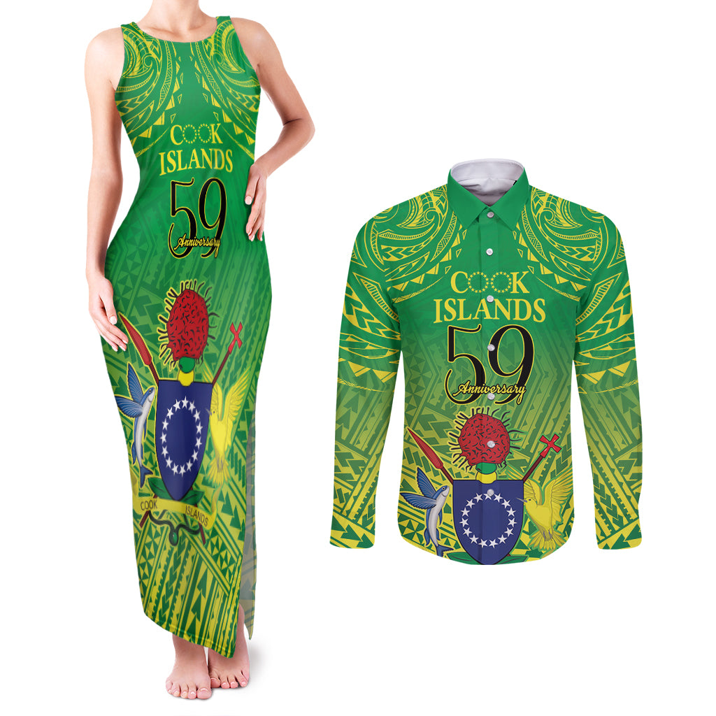 Cook Islands Constitution Day Couples Matching Tank Maxi Dress and Long Sleeve Button Shirt Kuki Airani Since 1965 LT9 Green - Polynesian Pride