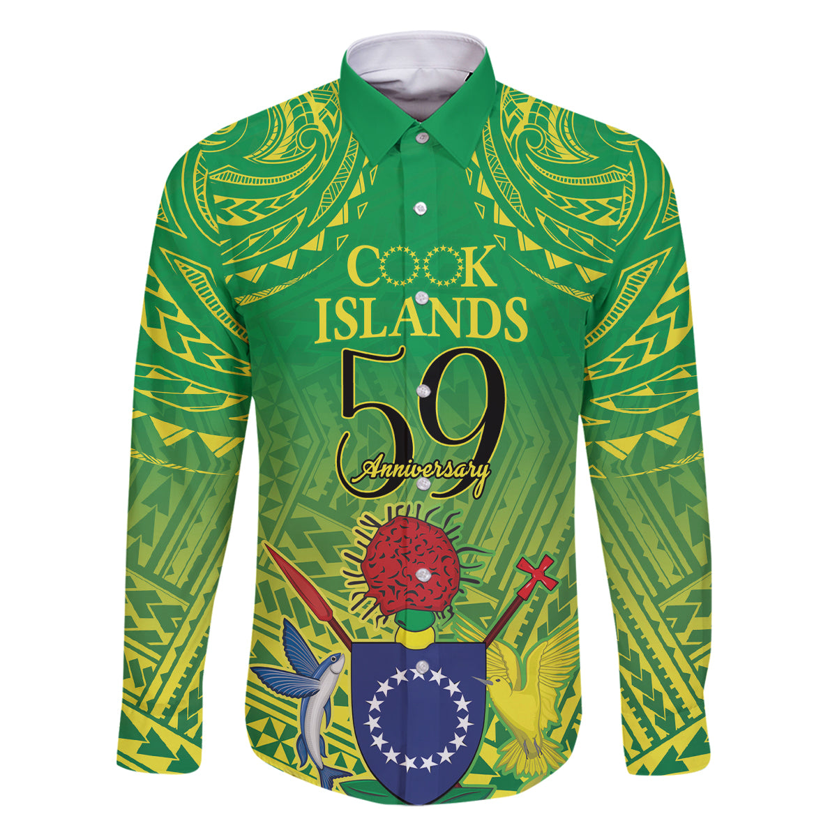 Cook Islands Constitution Day Family Matching Puletasi and Hawaiian Shirt Kuki Airani Since 1965 LT9 Dad's Shirt - Long Sleeve Green - Polynesian Pride