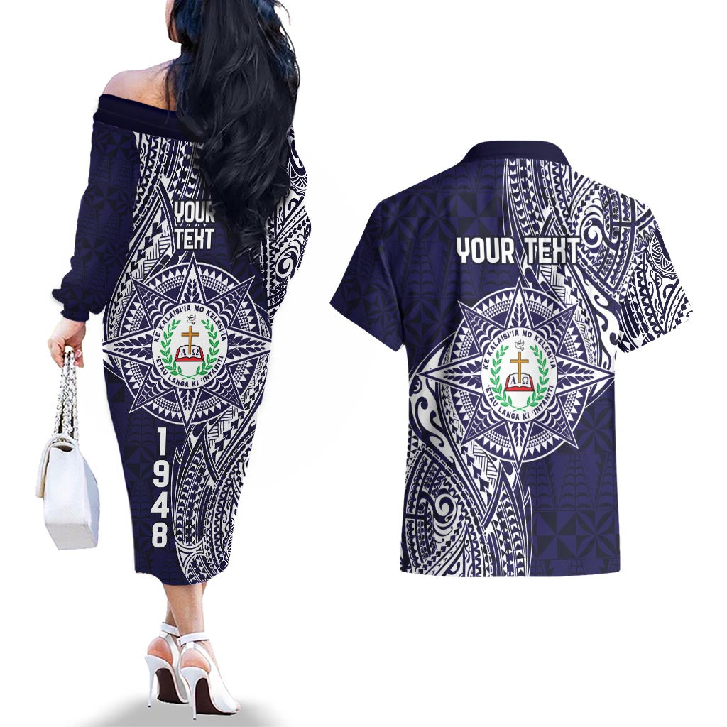 Personalised Tonga Sia'atoutai Theological College Couples Matching Off The Shoulder Long Sleeve Dress and Hawaiian Shirt Since 1948 Special Kupesi Pattern