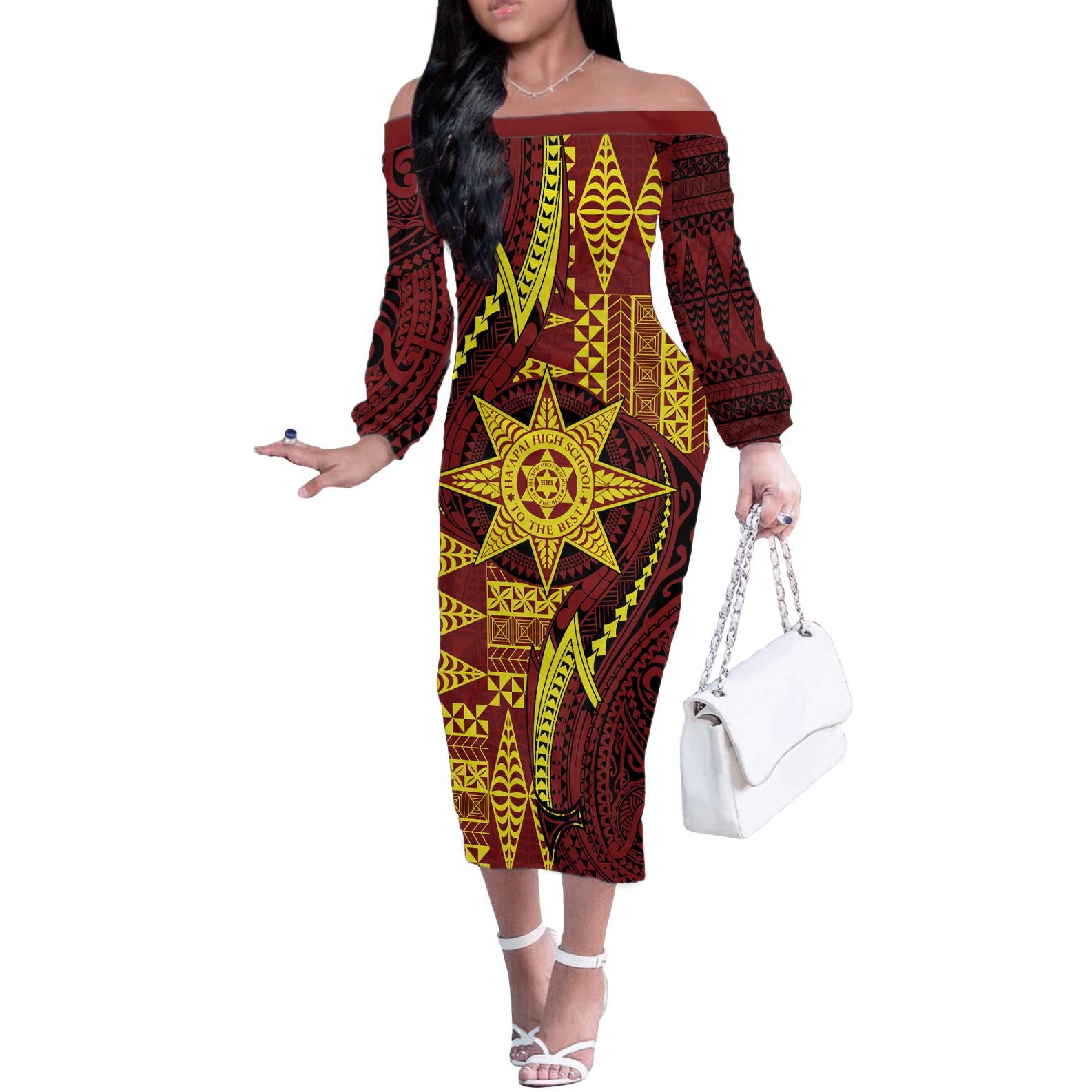 Personalised Tonga Haapai High School Off The Shoulder Long Sleeve Dress Special Kupesi Pattern