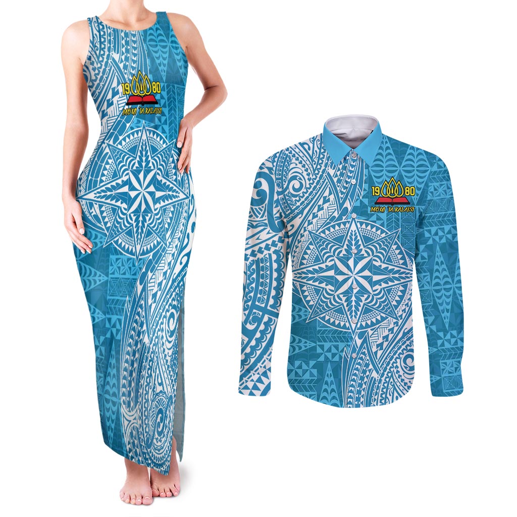 Personalised Tonga Lavengamalie College Couples Matching Tank Maxi Dress and Long Sleeve Button Shirt Since 1980 Special Kupesi Pattern