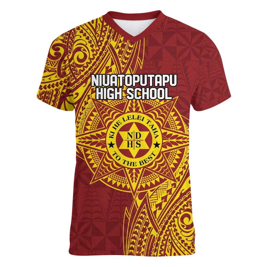 Personalised Tonga Niuatoputapu High School Women V-Neck T-Shirt Special Kupesi Pattern