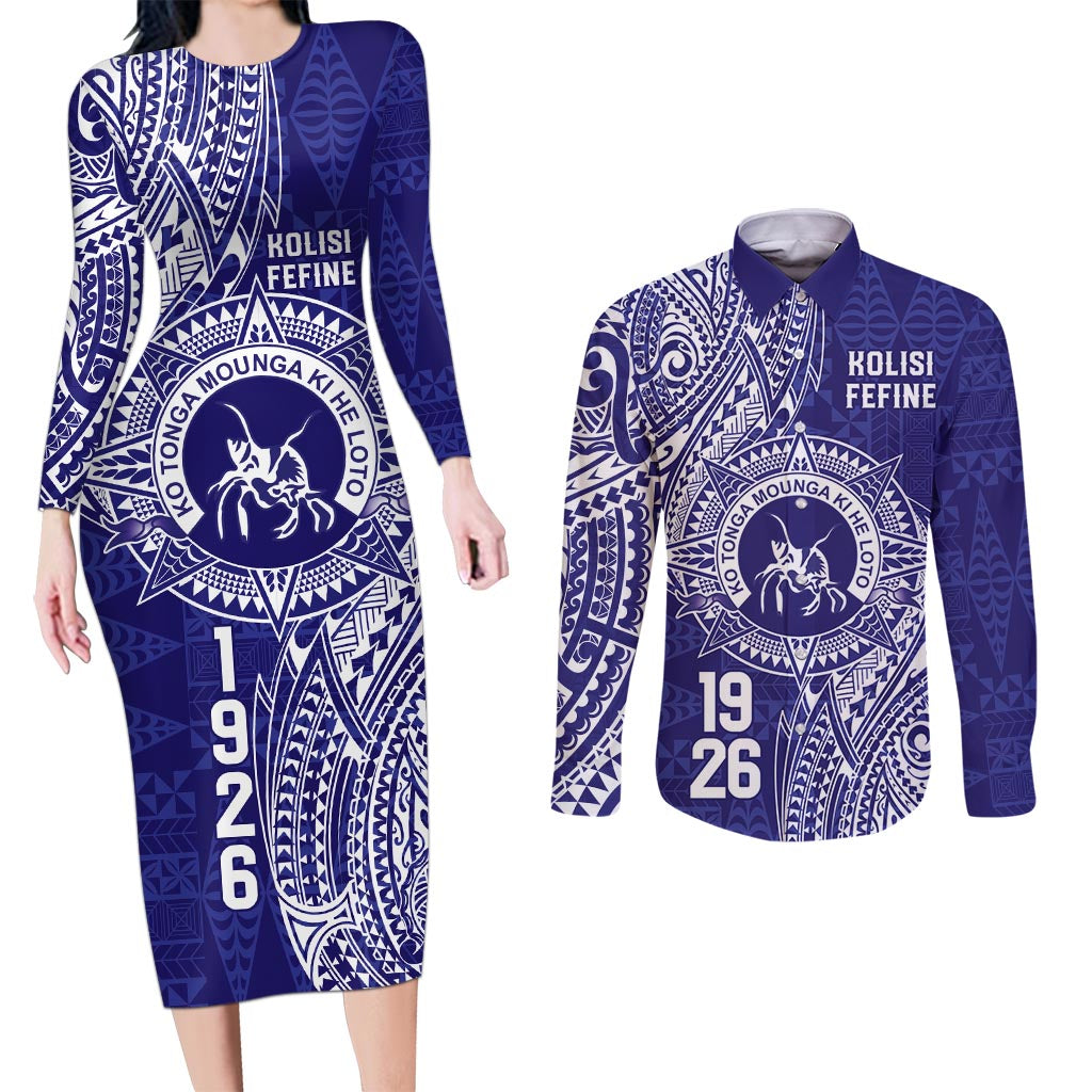 Personalised Tonga Queen Salote College Couples Matching Long Sleeve Bodycon Dress and Long Sleeve Button Shirt Kolisi Fefine 1926 Special Kupesi Pattern