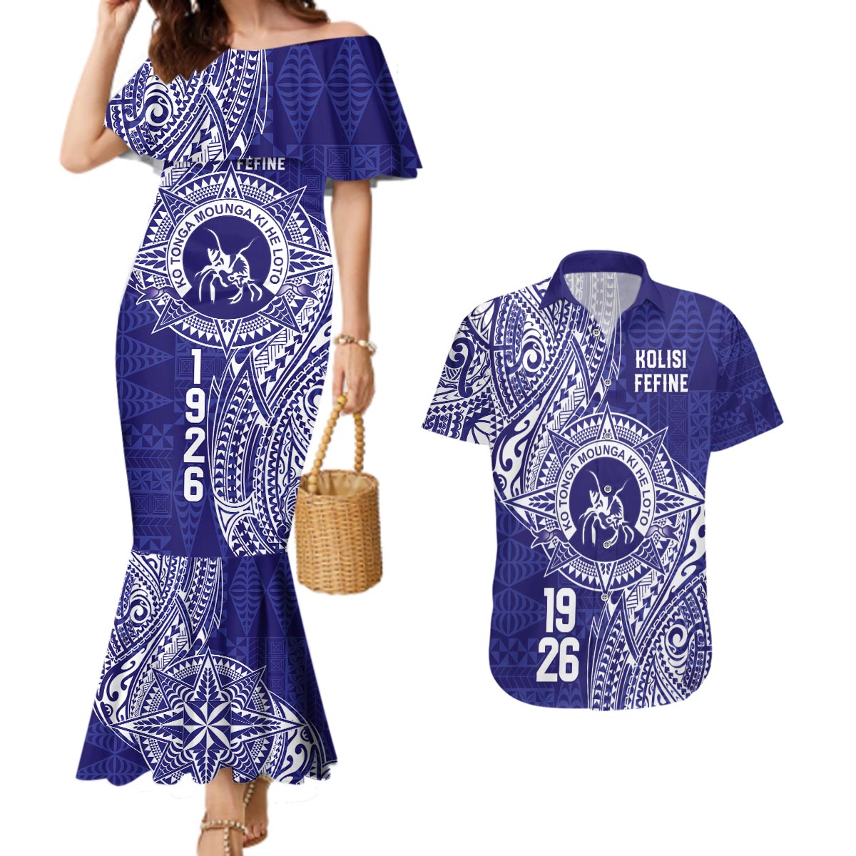 Personalised Tonga Queen Salote College Couples Matching Mermaid Dress and Hawaiian Shirt Kolisi Fefine 1926 Special Kupesi Pattern