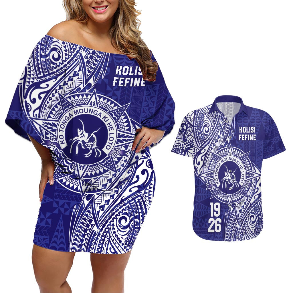 Personalised Tonga Queen Salote College Couples Matching Off Shoulder Short Dress and Hawaiian Shirt Kolisi Fefine 1926 Special Kupesi Pattern