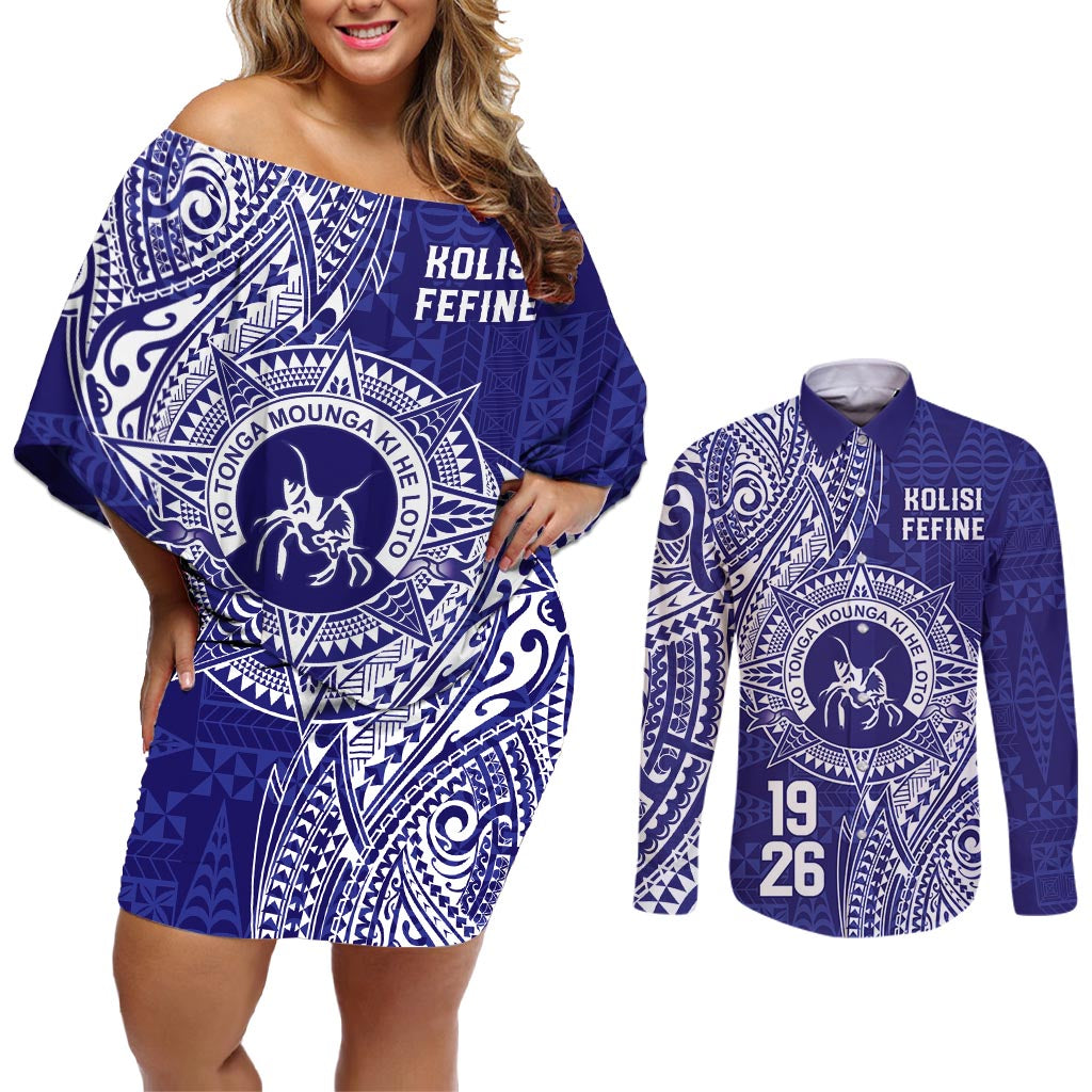 Personalised Tonga Queen Salote College Couples Matching Off Shoulder Short Dress and Long Sleeve Button Shirt Kolisi Fefine 1926 Special Kupesi Pattern LT9 Blue - Polynesian Pride
