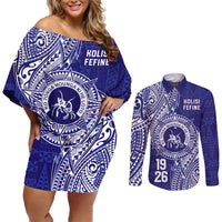 Personalised Tonga Queen Salote College Couples Matching Off Shoulder Short Dress and Long Sleeve Button Shirt Kolisi Fefine 1926 Special Kupesi Pattern LT9 Blue - Polynesian Pride