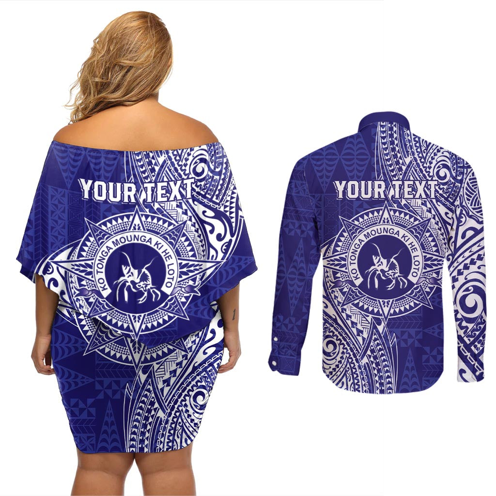 Personalised Tonga Queen Salote College Couples Matching Off Shoulder Short Dress and Long Sleeve Button Shirt Kolisi Fefine 1926 Special Kupesi Pattern LT9 - Polynesian Pride