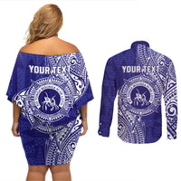 Personalised Tonga Queen Salote College Couples Matching Off Shoulder Short Dress and Long Sleeve Button Shirt Kolisi Fefine 1926 Special Kupesi Pattern LT9 - Polynesian Pride
