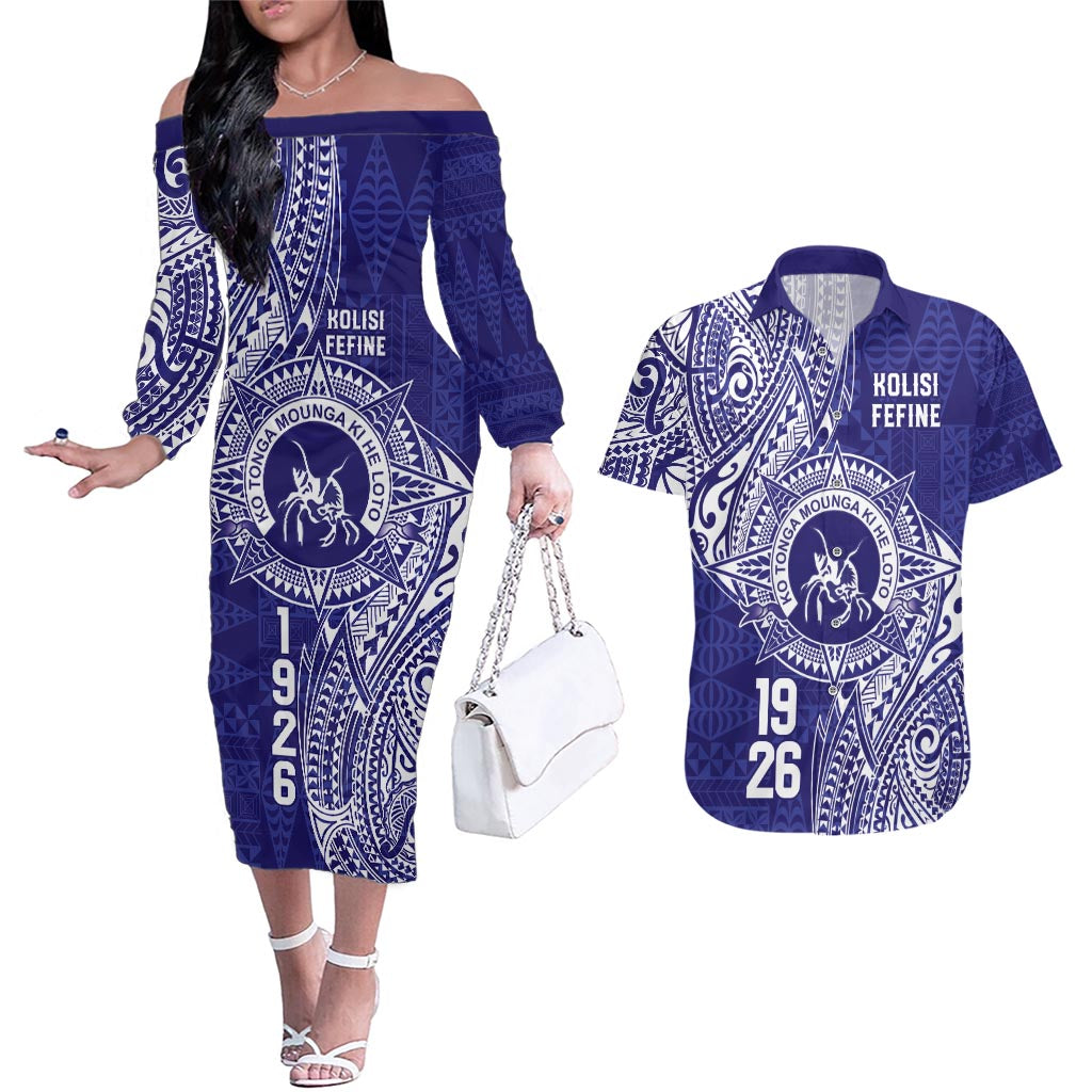 Personalised Tonga Queen Salote College Couples Matching Off The Shoulder Long Sleeve Dress and Hawaiian Shirt Kolisi Fefine 1926 Special Kupesi Pattern