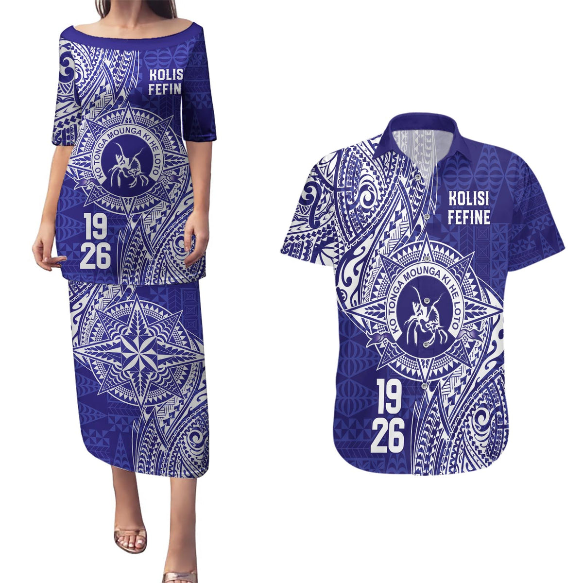 Personalised Tonga Queen Salote College Couples Matching Puletasi and Hawaiian Shirt Kolisi Fefine 1926 Special Kupesi Pattern LT9 Blue - Polynesian Pride