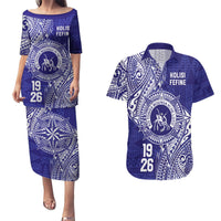 Personalised Tonga Queen Salote College Couples Matching Puletasi and Hawaiian Shirt Kolisi Fefine 1926 Special Kupesi Pattern LT9 Blue - Polynesian Pride