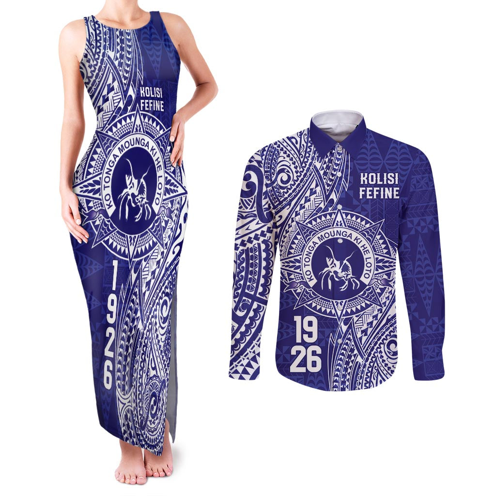 Personalised Tonga Queen Salote College Couples Matching Tank Maxi Dress and Long Sleeve Button Shirt Kolisi Fefine 1926 Special Kupesi Pattern LT9 Blue - Polynesian Pride