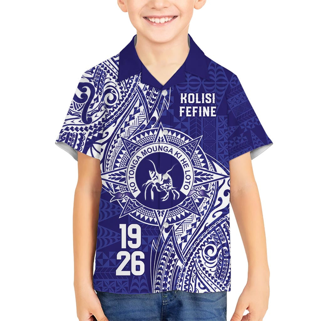 Personalised Tonga Queen Salote College Family Matching Off Shoulder Short Dress and Hawaiian Shirt Kolisi Fefine 1926 Special Kupesi Pattern LT9 Son's Shirt Blue - Polynesian Pride
